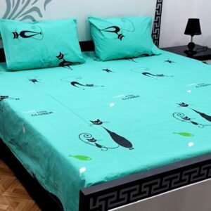 Cat Printed Double Bedsheet Set - 3pcs