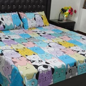 Cat Printed Double Bedsheet Set - 3pcs