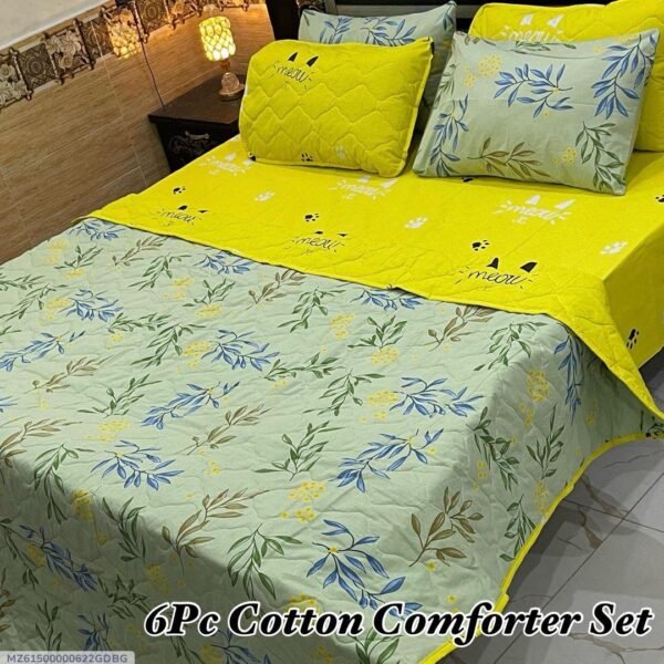 Leaves Printed Double Bedsheet Set - 6pcs