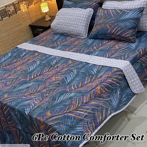 Leaves Printed Double Bedsheet Set - 6pcs