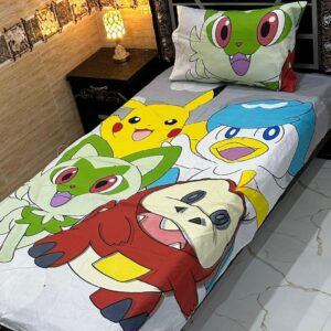 Pikachu Cotton Printed Single Bedsheet – 4Pc