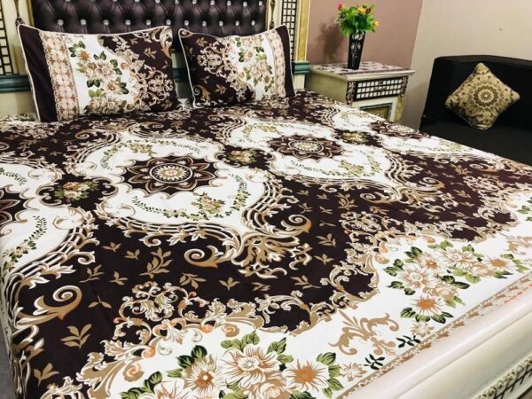 Premium Quality Brown Flowers Printed Double Bedsheet Set – 3pcs